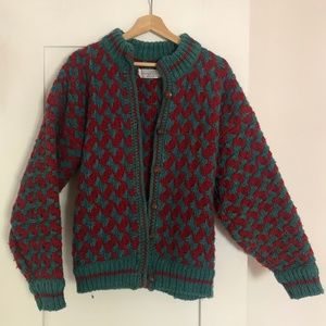 Red and Teal Woven Sweater - 100% Wool